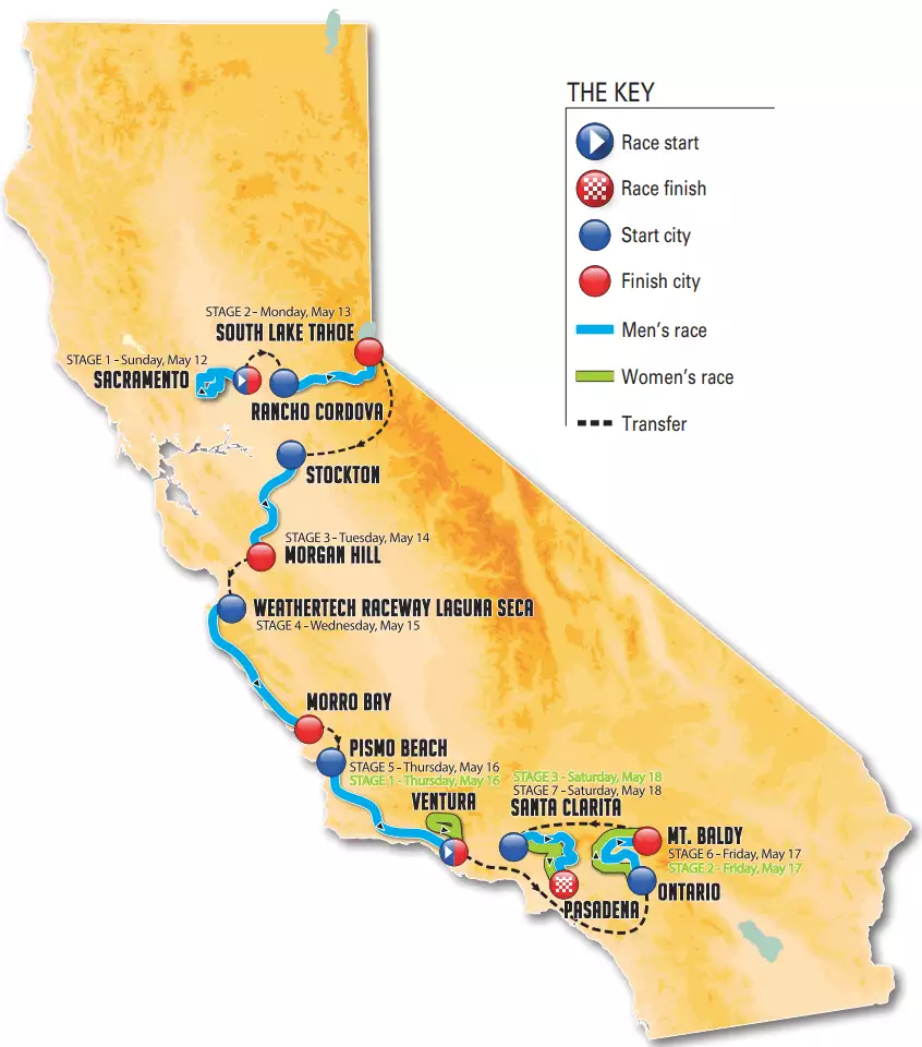 Okolo Kalifornie - mapa pretekov