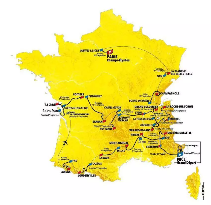 Trasa a mapa Tour de France 2020