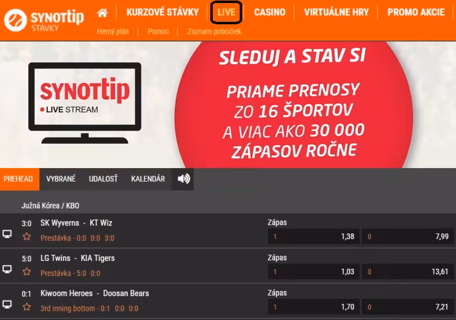 Livestream Synottip TV - športové online prenosy zadarmo