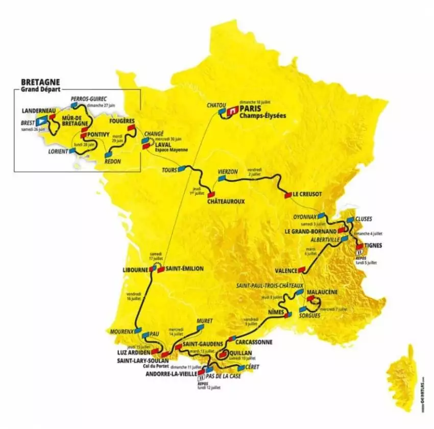 Kompletná mapa pretekov so všetkými etapami na Tour de France 2021