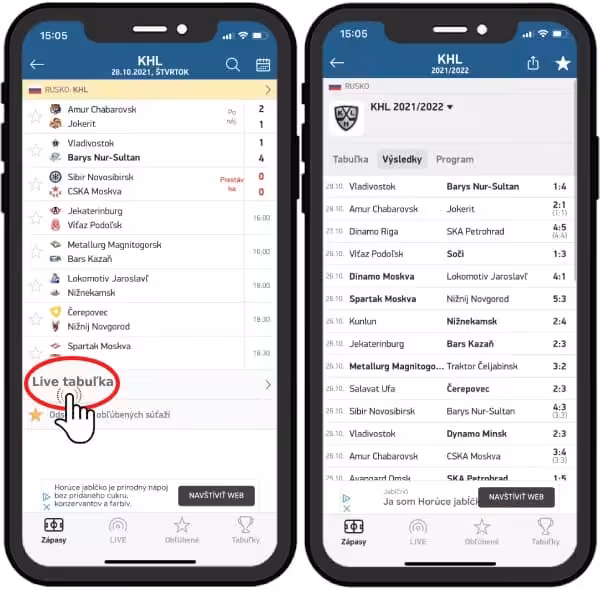 KHL - online výsledky mobilná aplikácia flashscore