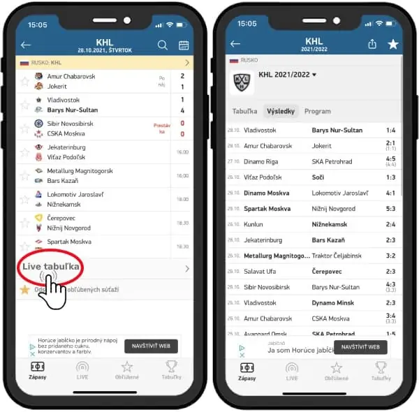 KHL - online výsledky mobilná aplikácia flashscore