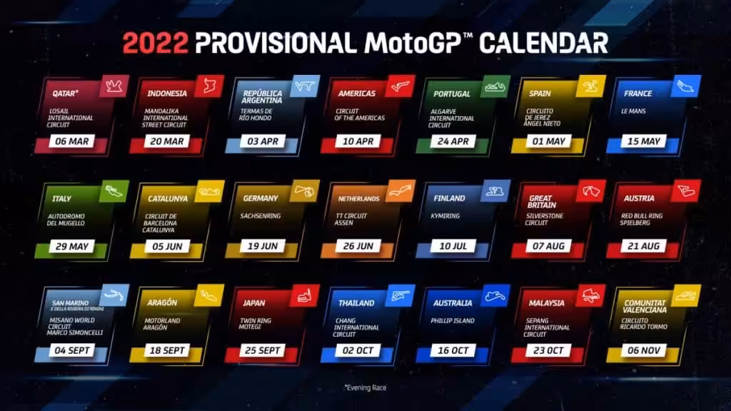 Možný kalendár pretekov MotoGP 2022 (zdroj: motogp.com)