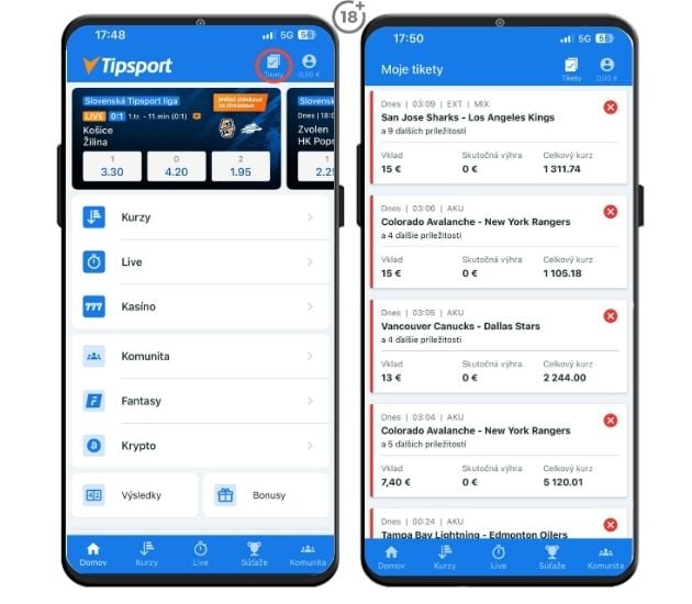 Moje tikety v Tipsport aplikácii