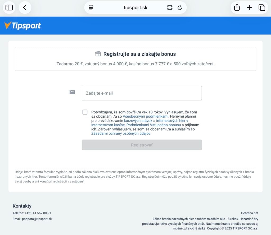 Tipsport zadanie e-mailu pri registrácii
