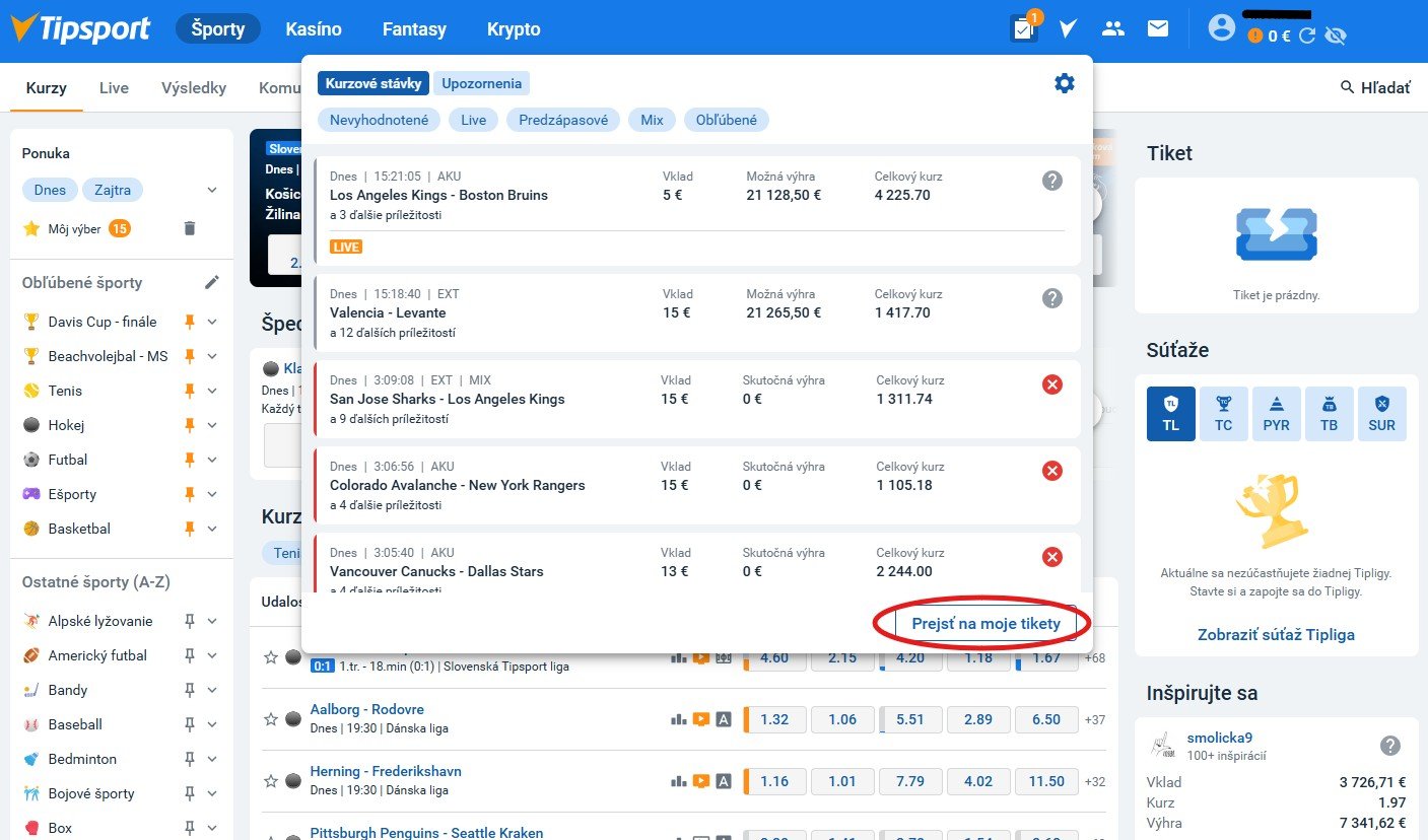 Tipsport - Prejsť na moje tikety