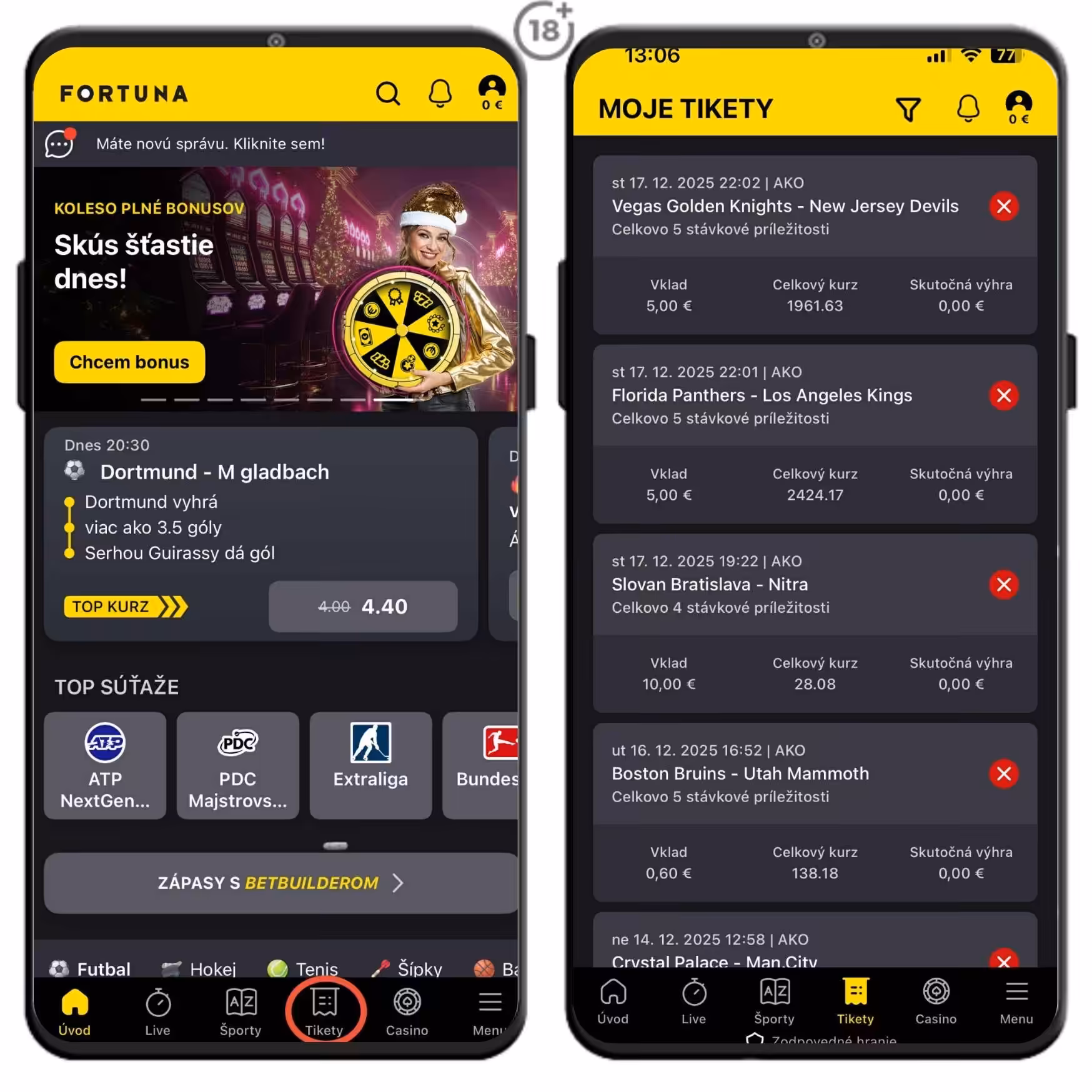 Zobrazenie tiketov v aplikácii Fortuna