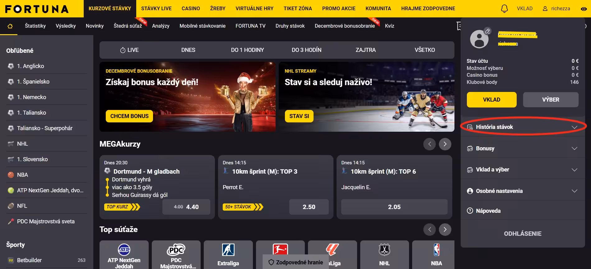 Kontrola tiketu na Fortune cez účet na desktope - história stávok