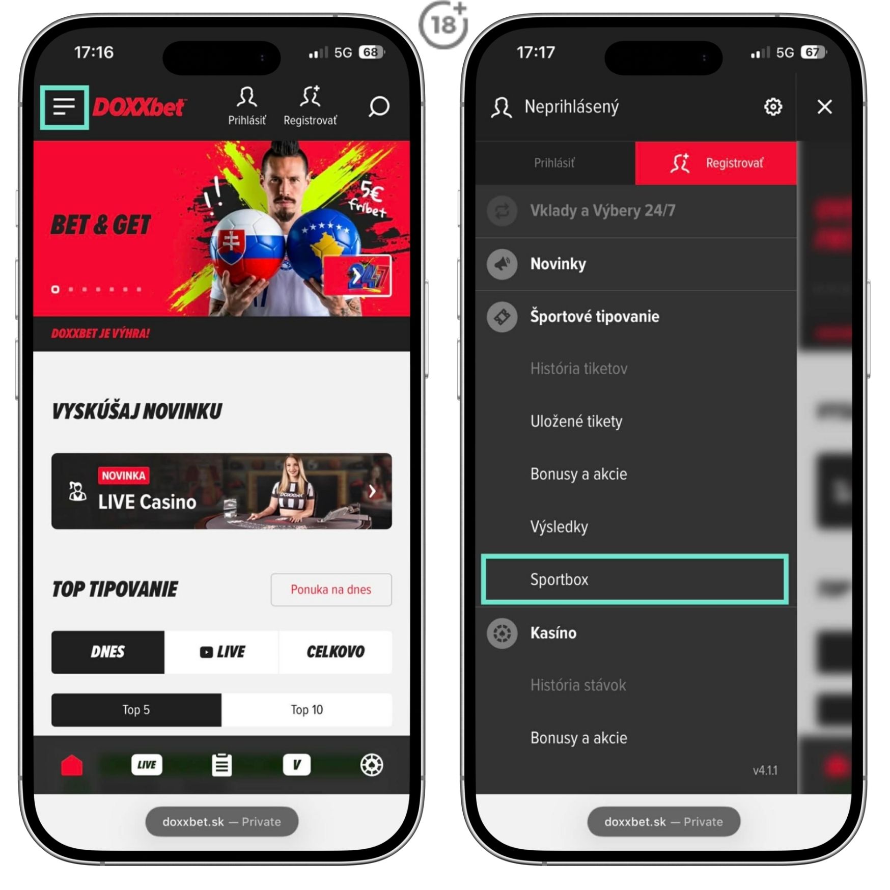 DOXXbet Športbox v menu